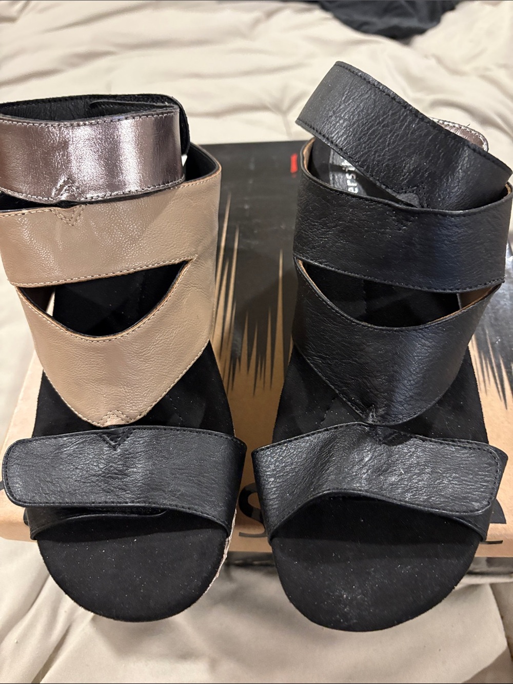 Modzori Olivia 4 in 1 Reversible Strappy Wedge Sandals — Black & Taupe
